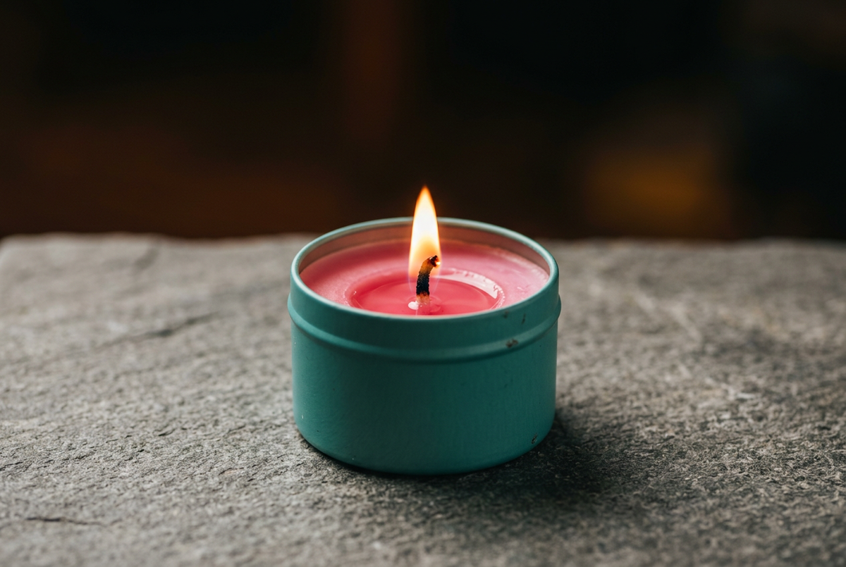 Illustrative close-up of a candle flame and melted pink wax in a teal tin on a stone surface.