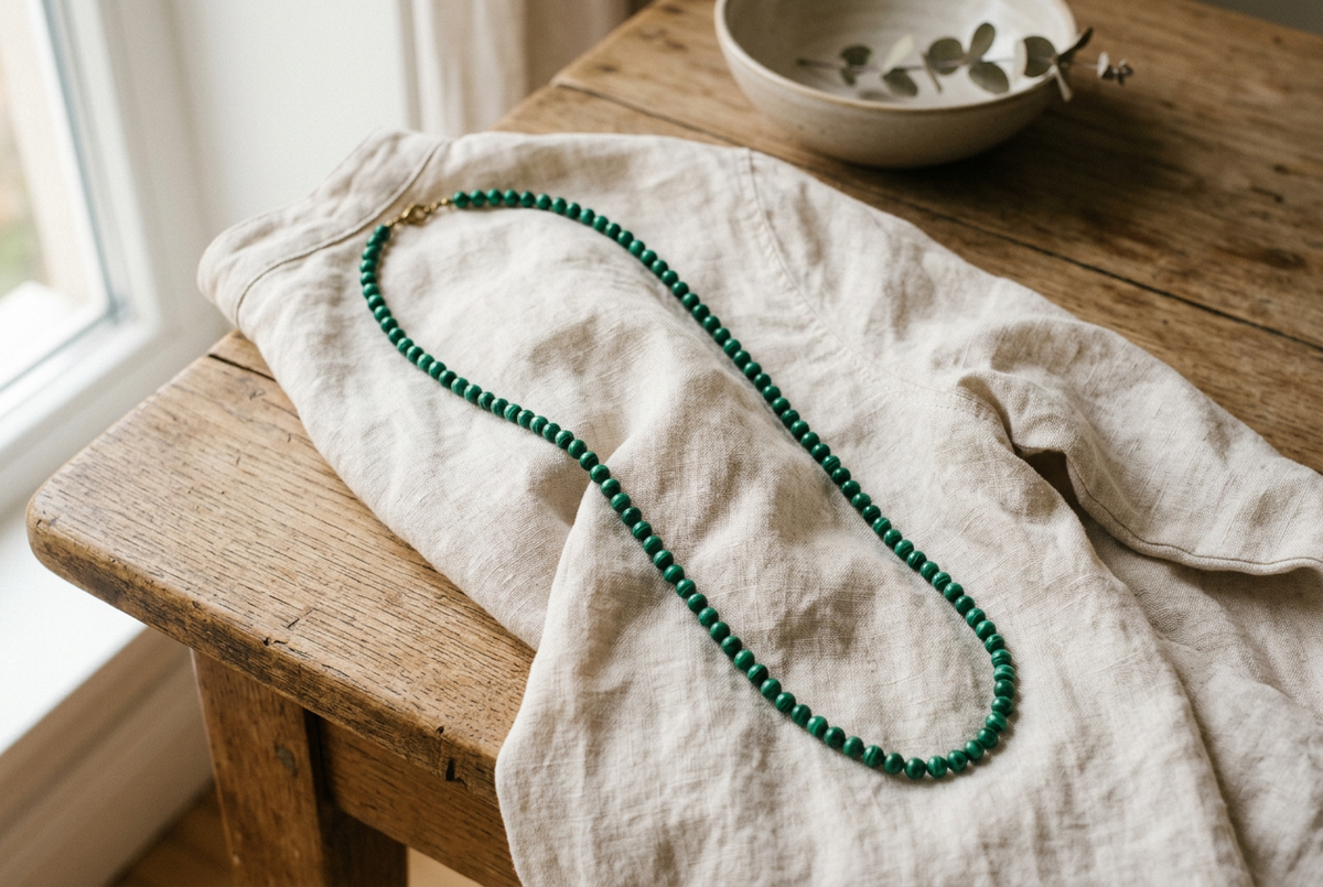 Long green beaded necklace draped over a folded linen shirt on a wooden table