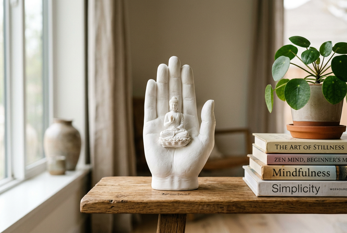 White resin hand sculpture with a seated Buddha detail displayed on a wooden shelf with books and a small plant