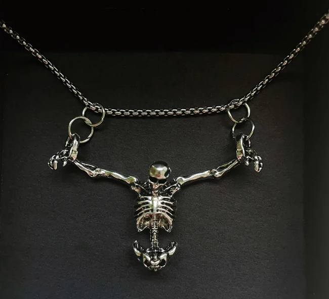 Gothic Skeleton Pendant Necklace – Silver Tone