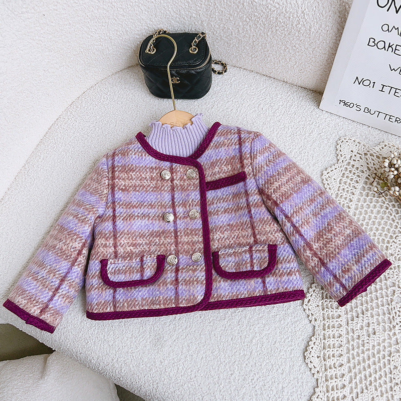 Girls' Double-Breasted Coat – Green or Purple Winter Style