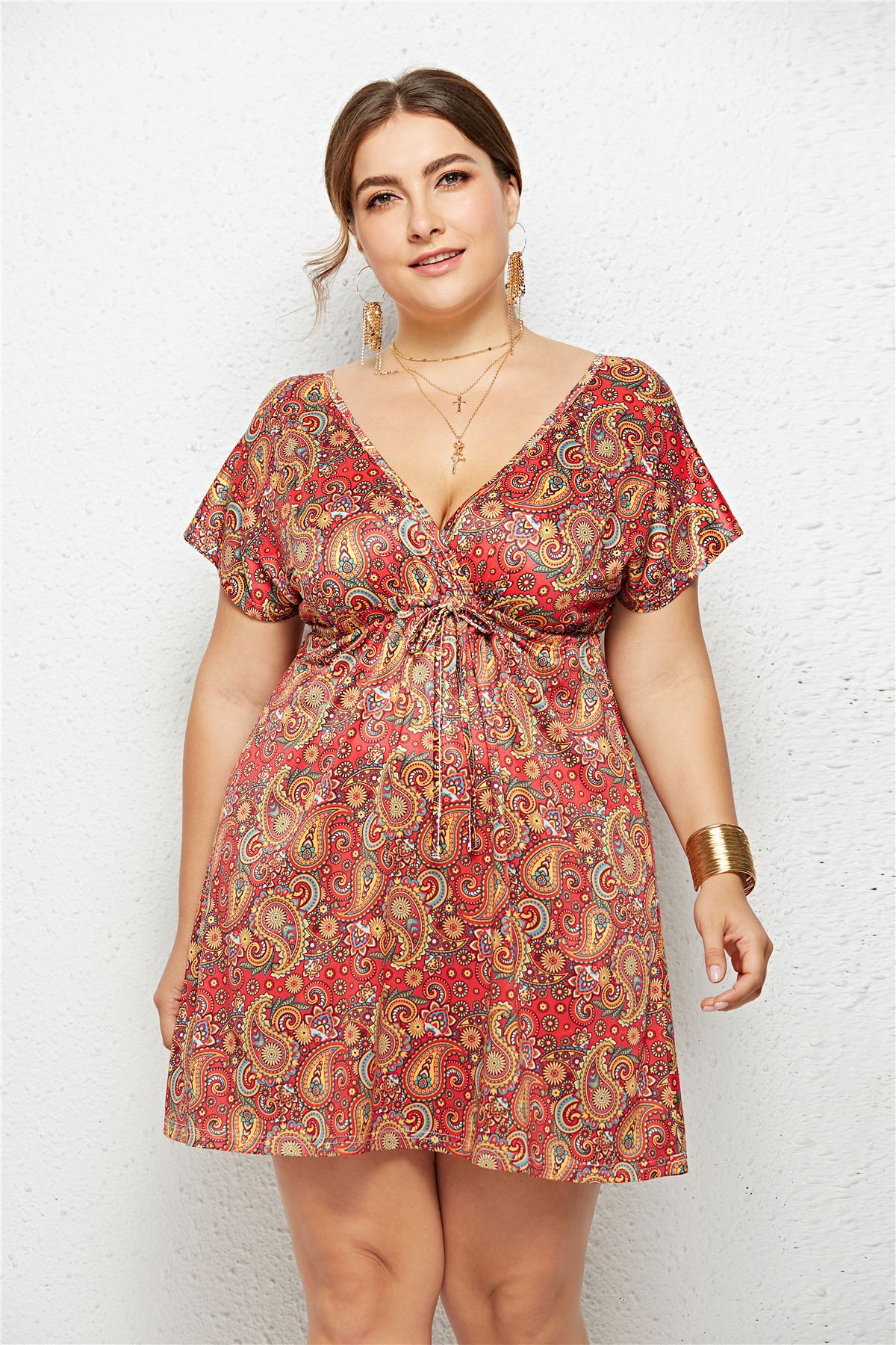 Printed V-Neck Dress with Elastic Waist and Short Sleeves