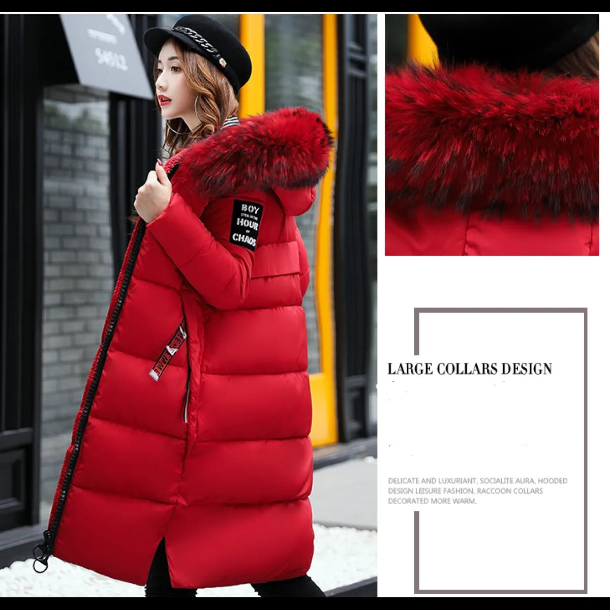 Plush Collar Padded Coat – Slim-Fit Polyester Outerwear