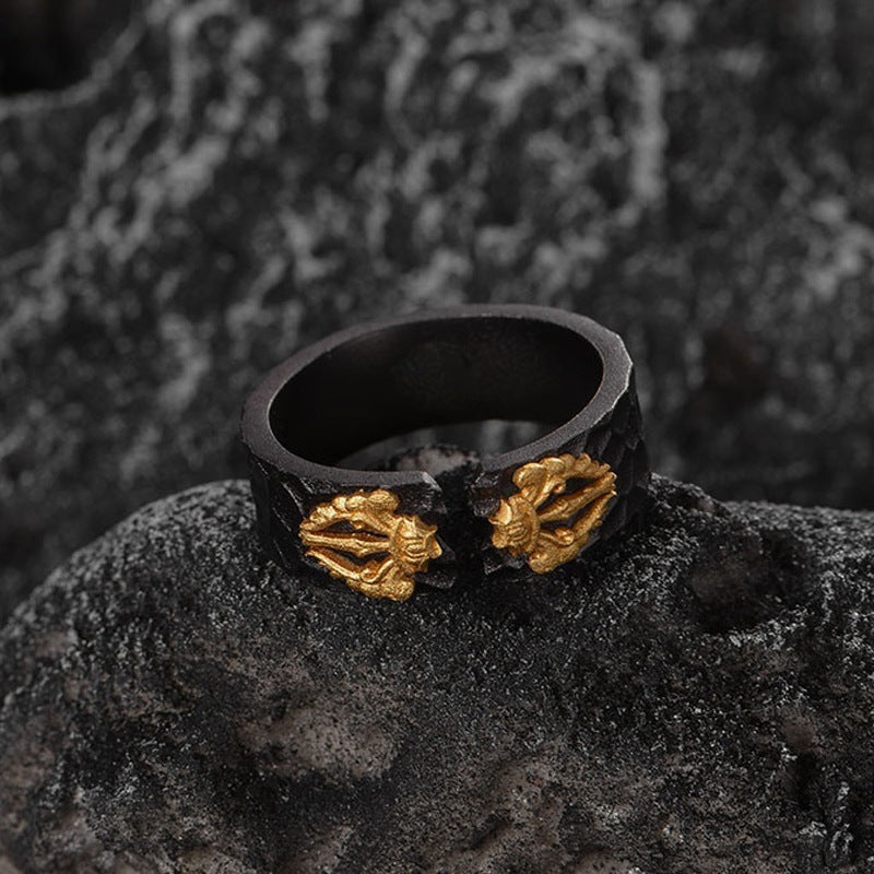 Black Open-Band Ring with Gold-Tone Accents