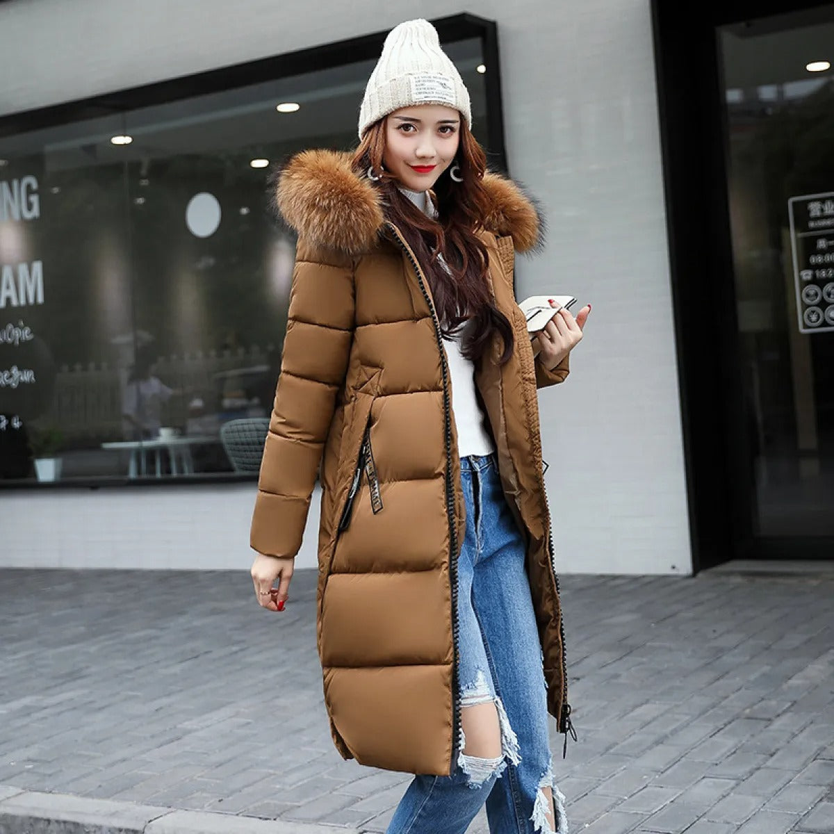 Plush Collar Padded Coat – Slim-Fit Polyester Outerwear