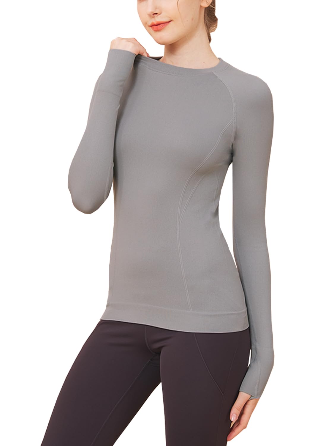 FelFory Women's Seamless Long-Sleeve Workout Top with Thumbholes