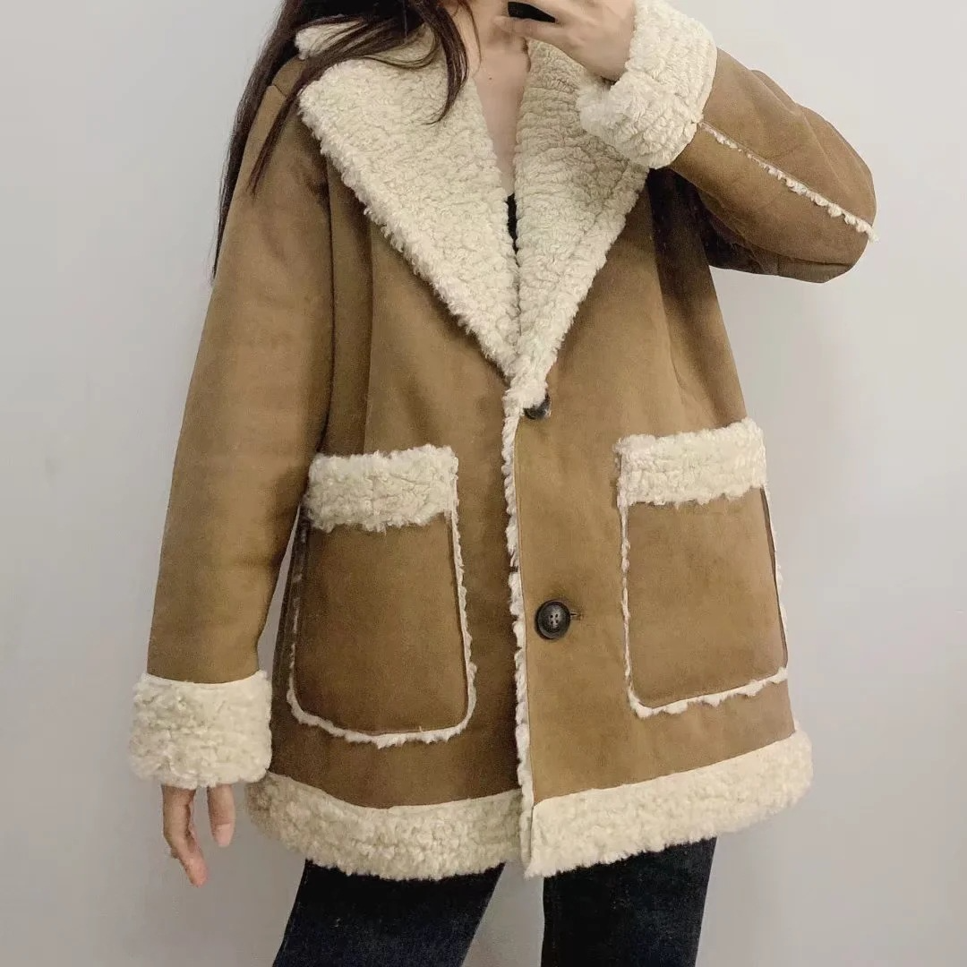 Women's Khaki Winter Coat – Loose-Fit Long Sleeve Style