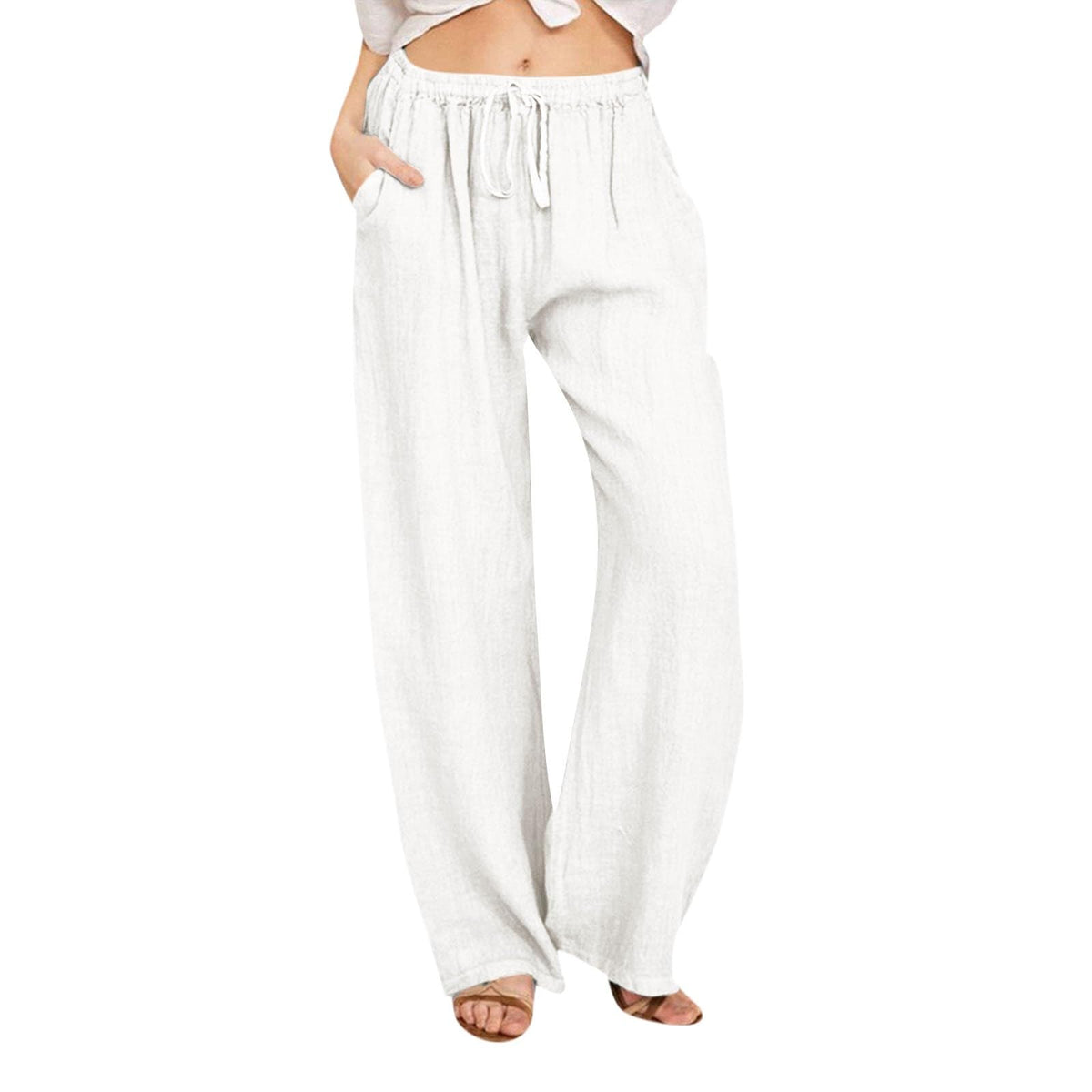 Women's White Drawstring Wide-Leg Pants