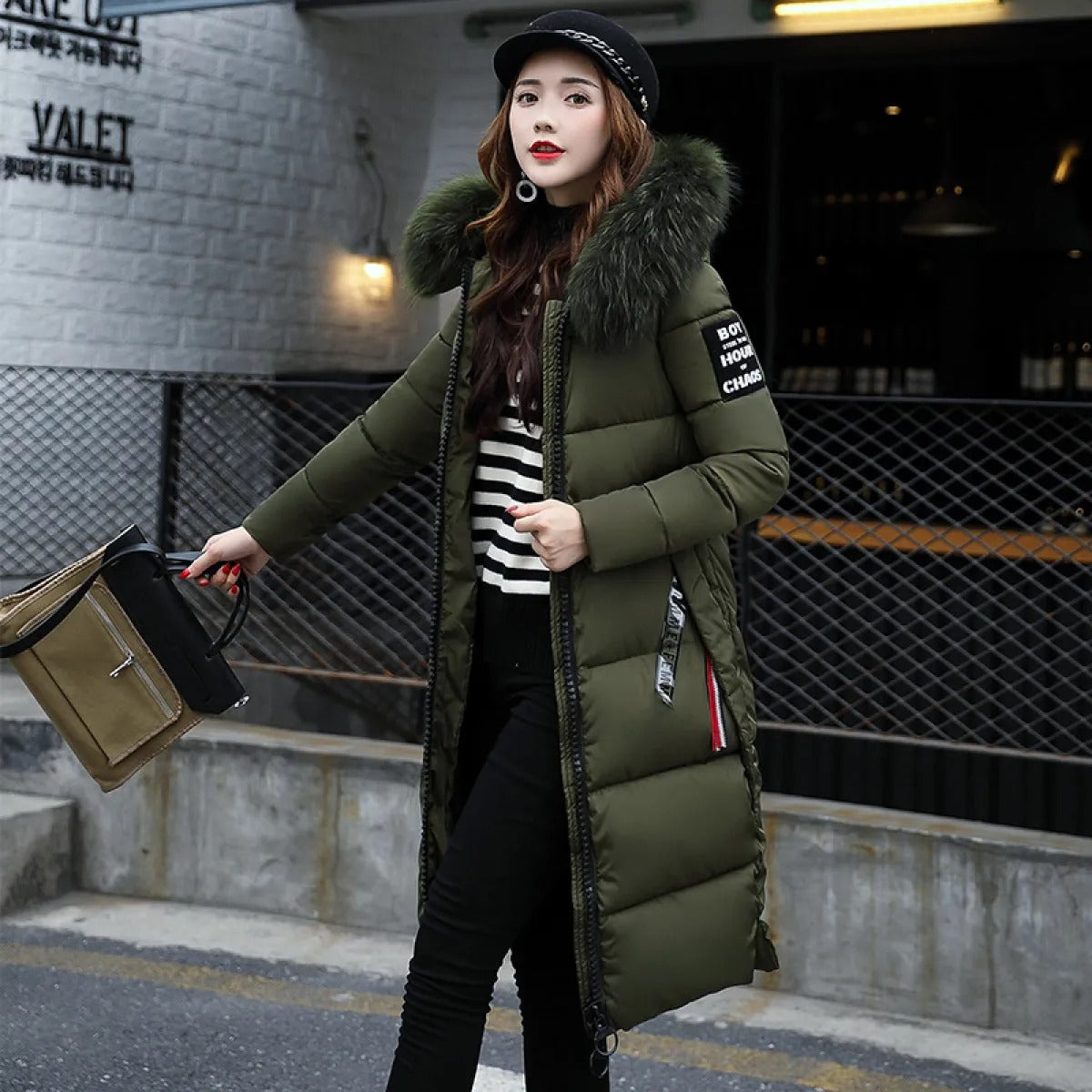 Plush Collar Padded Coat – Slim-Fit Polyester Outerwear