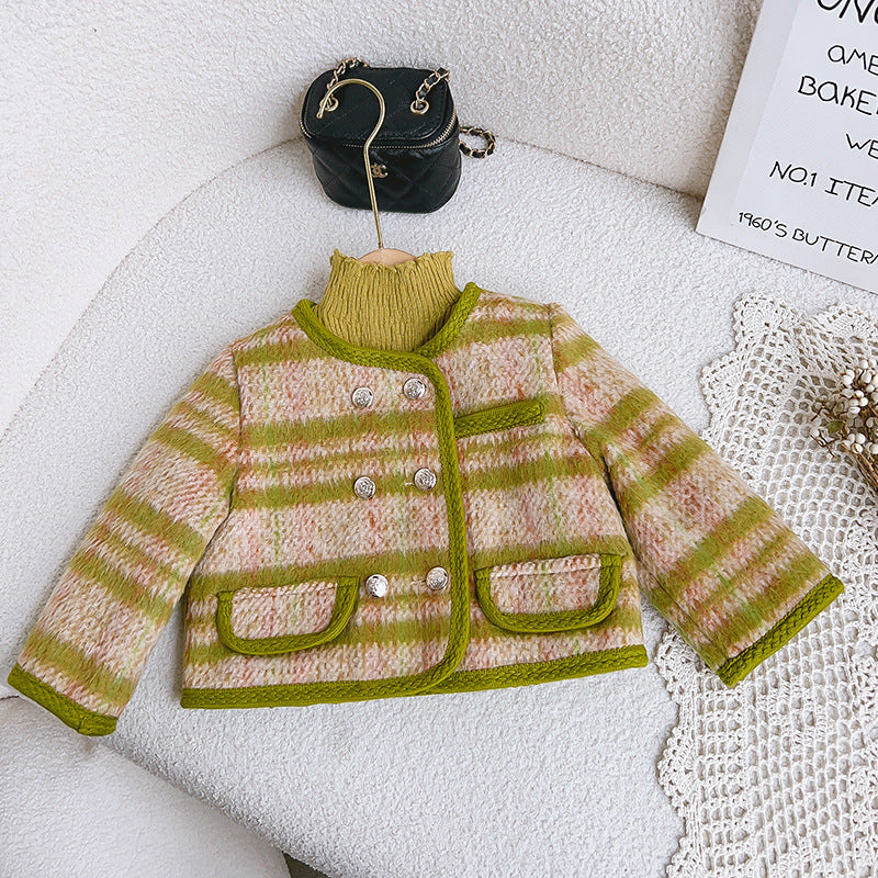 Girls' Double-Breasted Coat – Green or Purple Winter Style