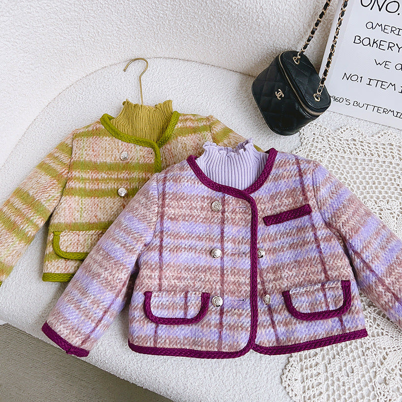 Girls' Double-Breasted Coat – Green or Purple Winter Style