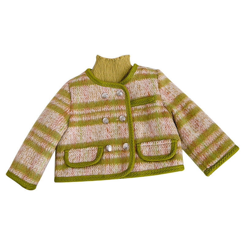 Girls' Double-Breasted Coat – Green or Purple Winter Style