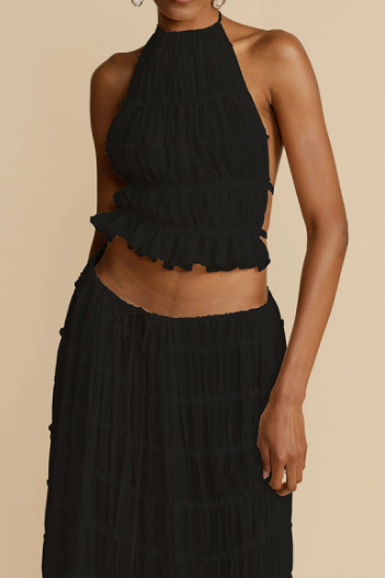 Boho Halter Dress Set – Pleated Two-Piece Sleeveless Style