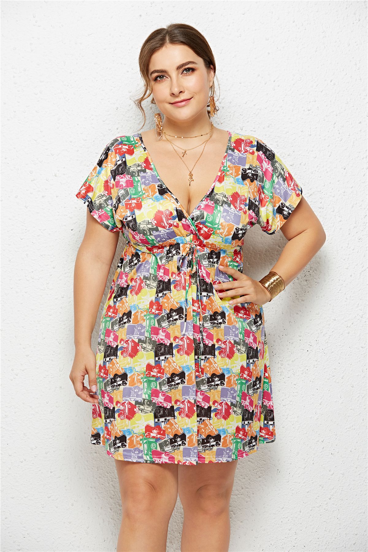 Printed V-Neck Dress with Elastic Waist and Short Sleeves