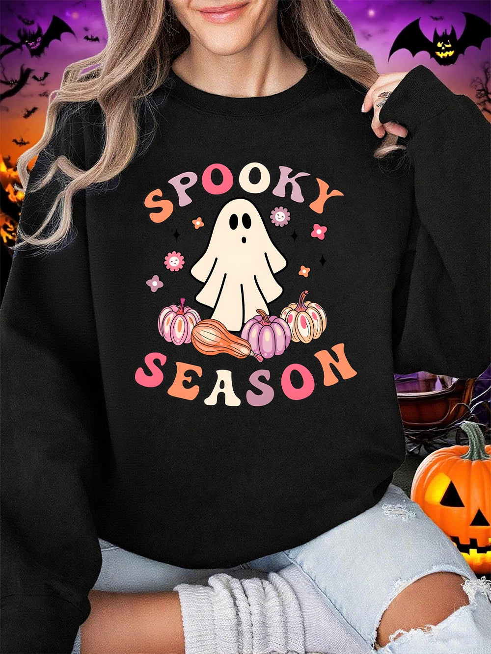 Halloween Ghost Print Sweatshirt – Cozy Comfort Meets Spooky Style