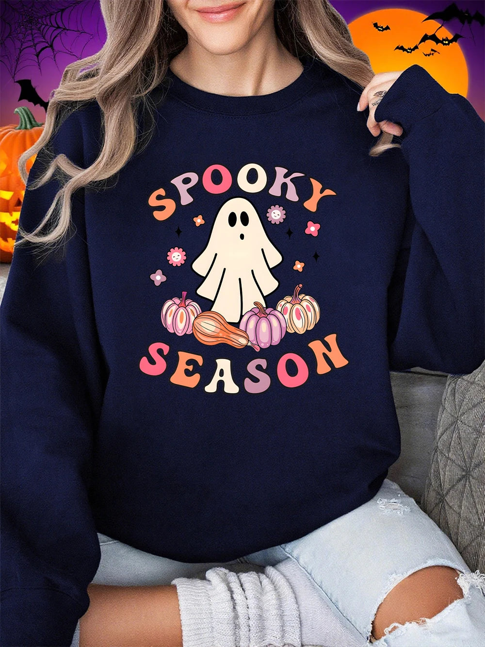 Halloween Ghost Print Sweatshirt – Cozy Comfort Meets Spooky Style