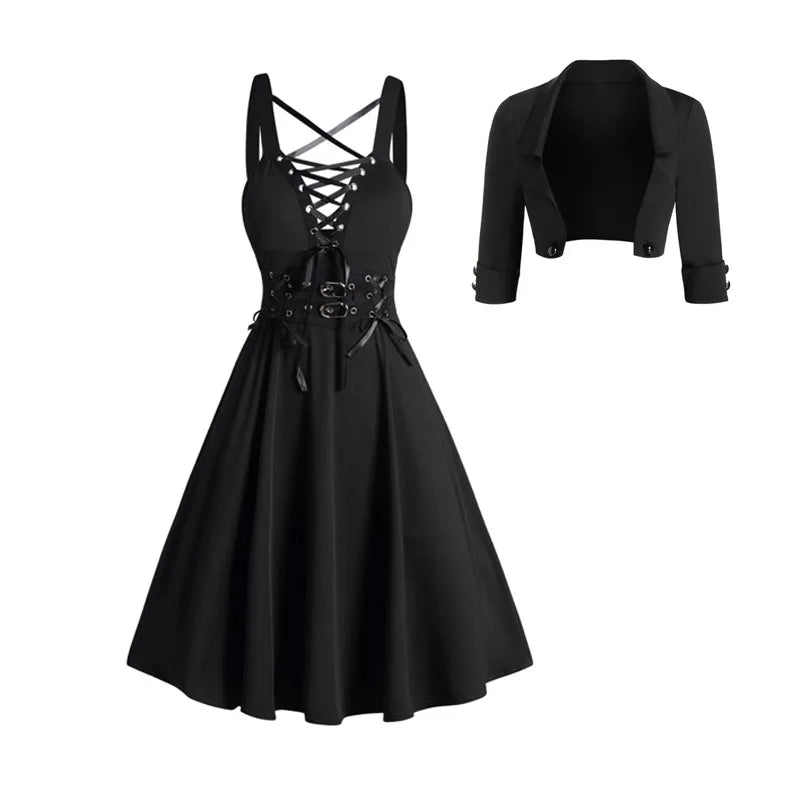 Chic Gothic Dress Outfit for Women: Open Front Jacket & Lace-Up Crisscross Dress
