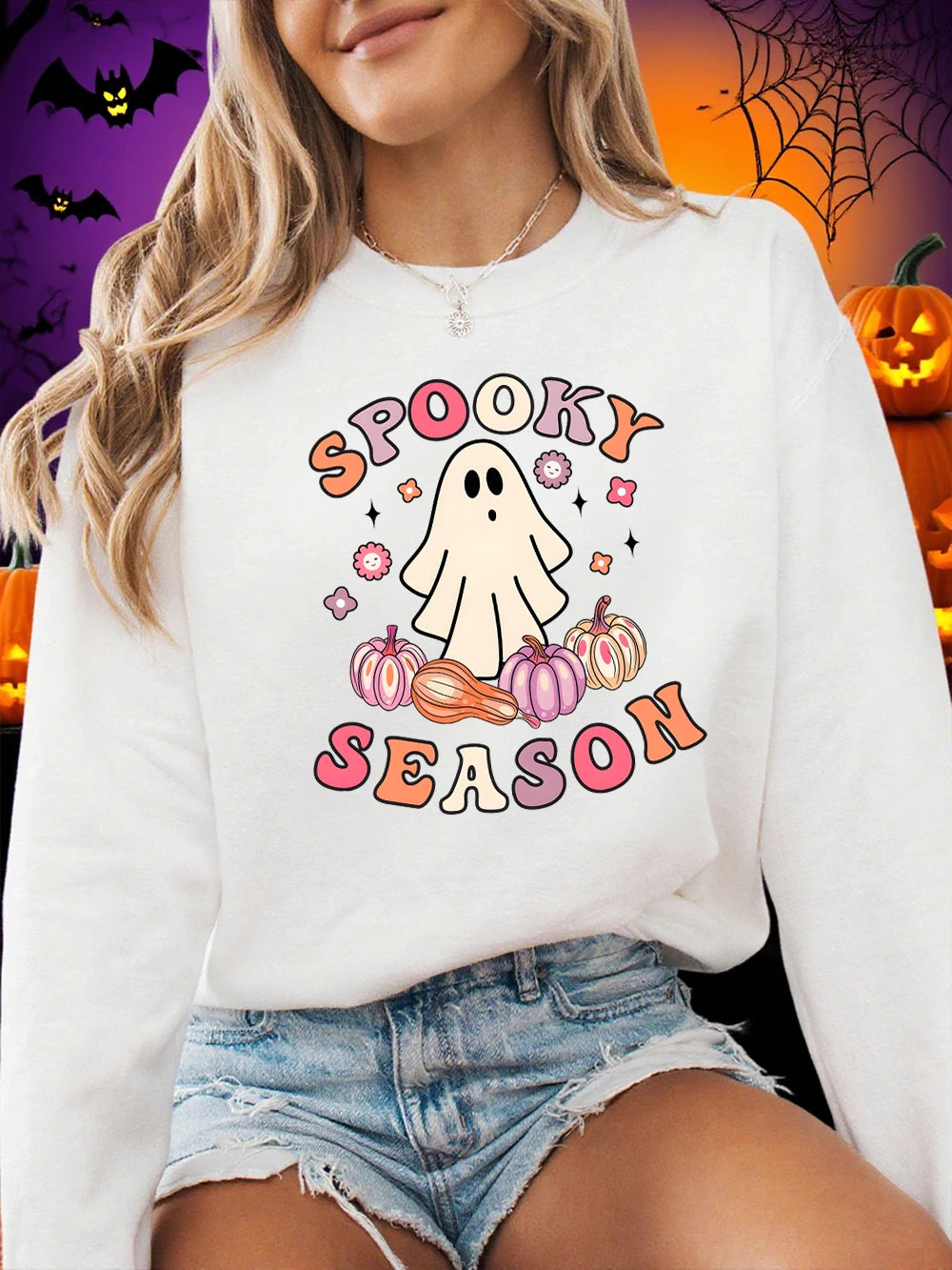Halloween Ghost Print Sweatshirt – Cozy Comfort Meets Spooky Style