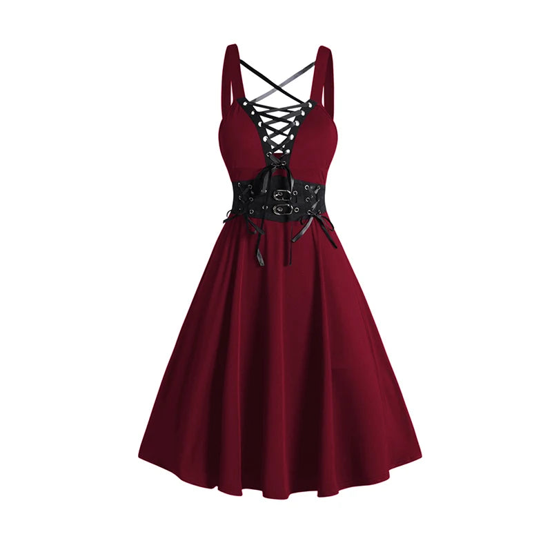 Chic Gothic Dress Outfit for Women: Open Front Jacket & Lace-Up Crisscross Dress