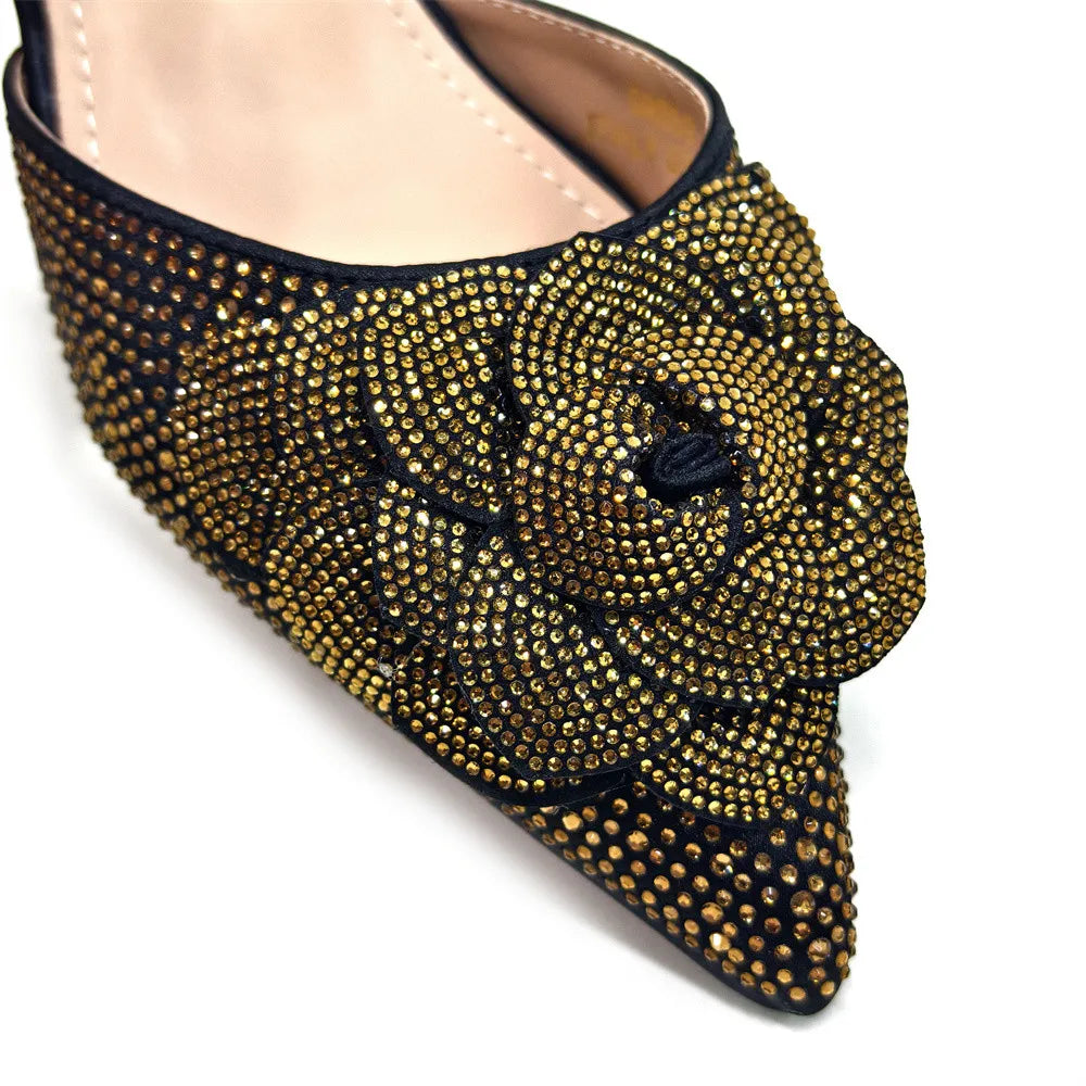 Elegant Peach Shoe and Bag Set – Stunning Rhinestone Slingbacks with Pearls Knot
