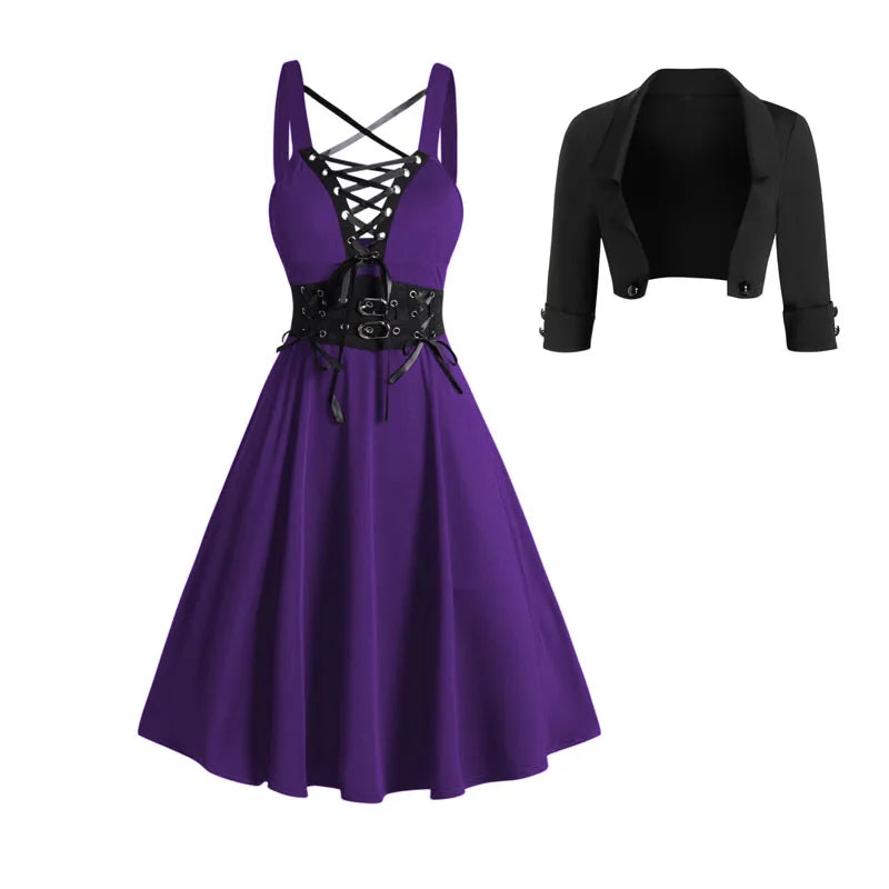 Chic Gothic Dress Outfit for Women: Open Front Jacket & Lace-Up Crisscross Dress