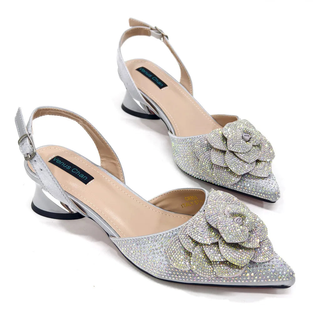 Elegant Peach Shoe and Bag Set – Stunning Rhinestone Slingbacks with Pearls Knot