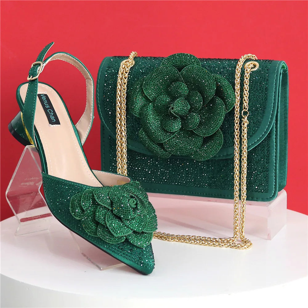 Elegant Peach Shoe and Bag Set – Stunning Rhinestone Slingbacks with Pearls Knot