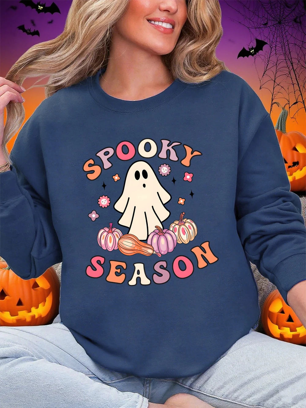 Halloween Ghost Print Sweatshirt – Cozy Comfort Meets Spooky Style