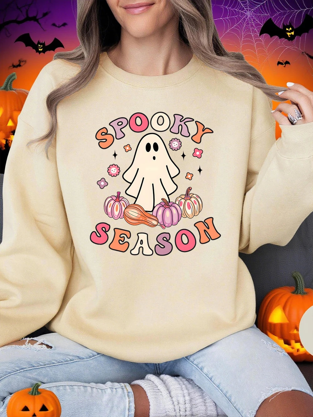 Halloween Ghost Print Sweatshirt – Cozy Comfort Meets Spooky Style