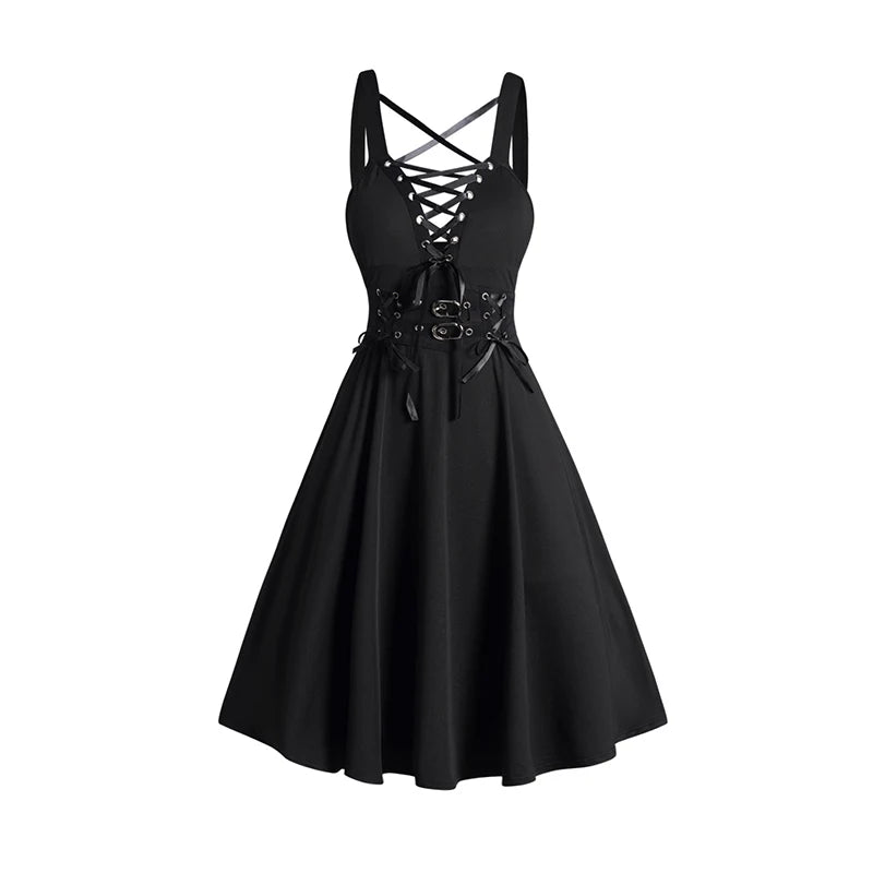 Chic Gothic Dress Outfit for Women: Open Front Jacket & Lace-Up Crisscross Dress
