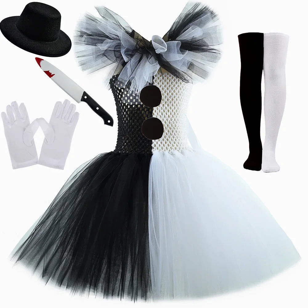Terrifier Art Clown Girl Costume – Your Child's Spooktacular Black & White Tutu Dress for Halloween