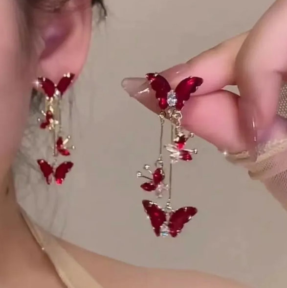 Red Butterfly Long Statement Earrings