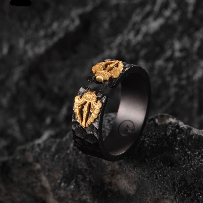 Black Open-Band Ring with Gold-Tone Accents