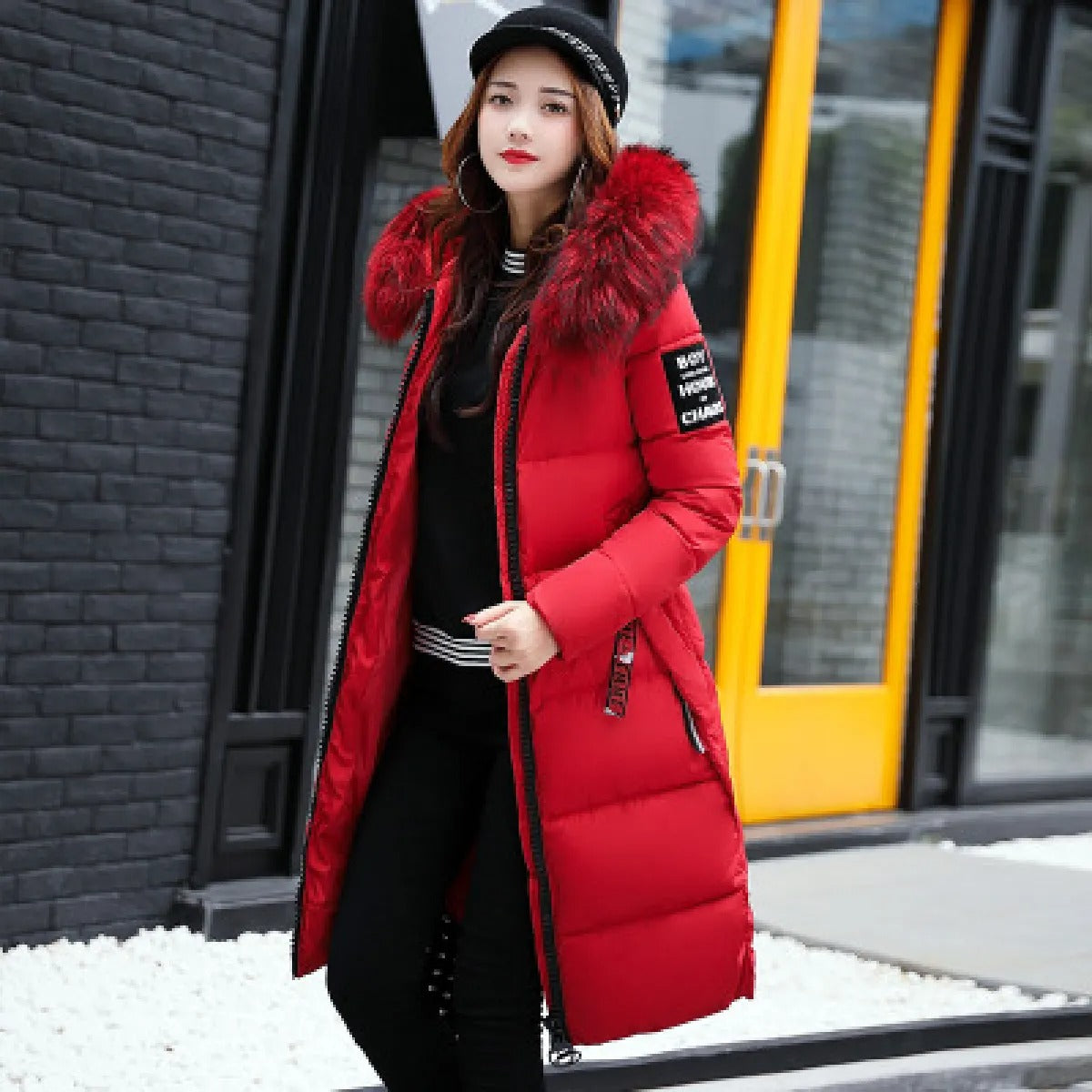 Plush Collar Padded Coat – Slim-Fit Polyester Outerwear
