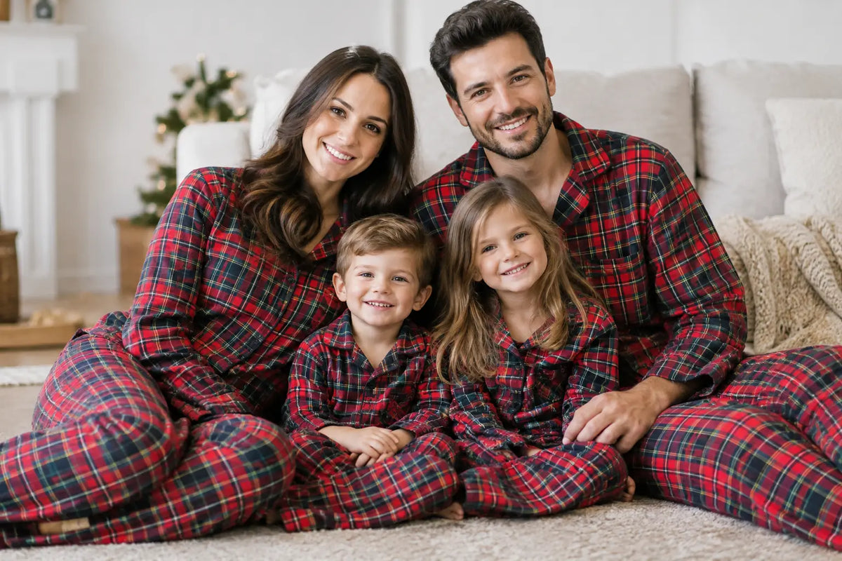 Two adults and two children sitting together in matching red plaid pajamas
