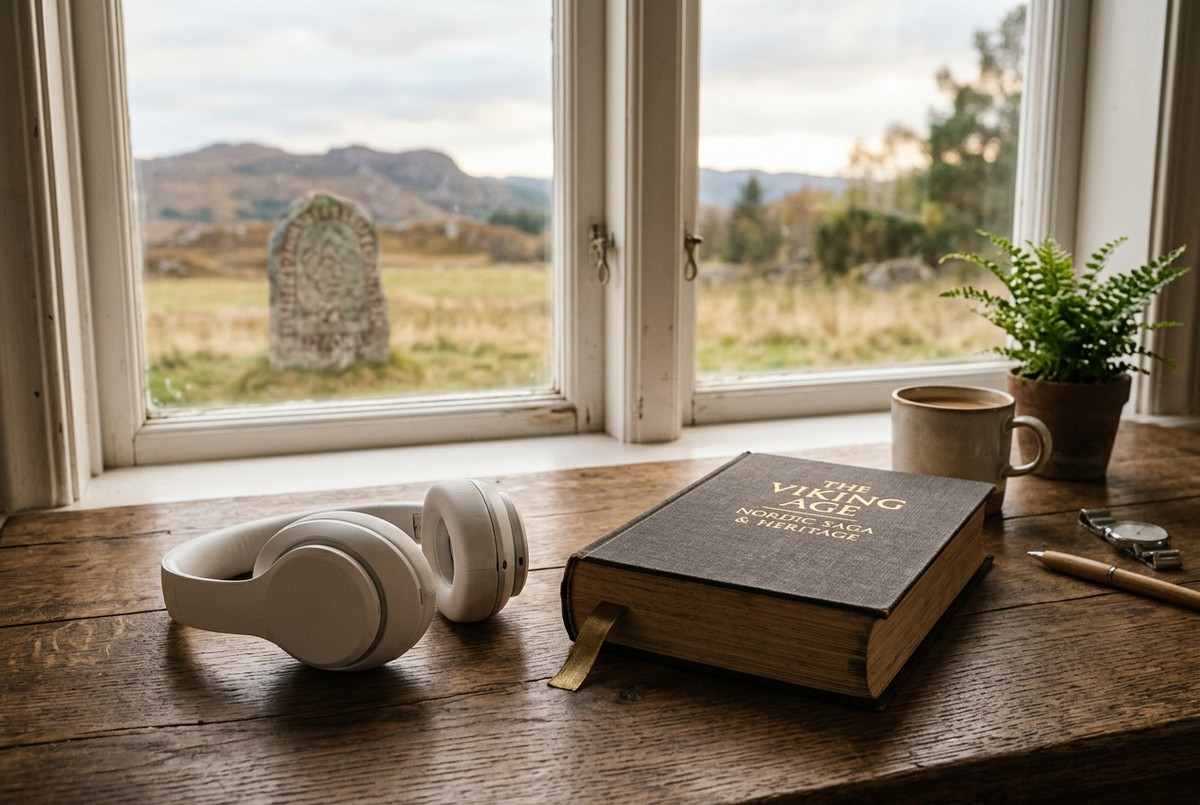 Illustrative white headphones beside a history book, with a standing stone beyond the window.