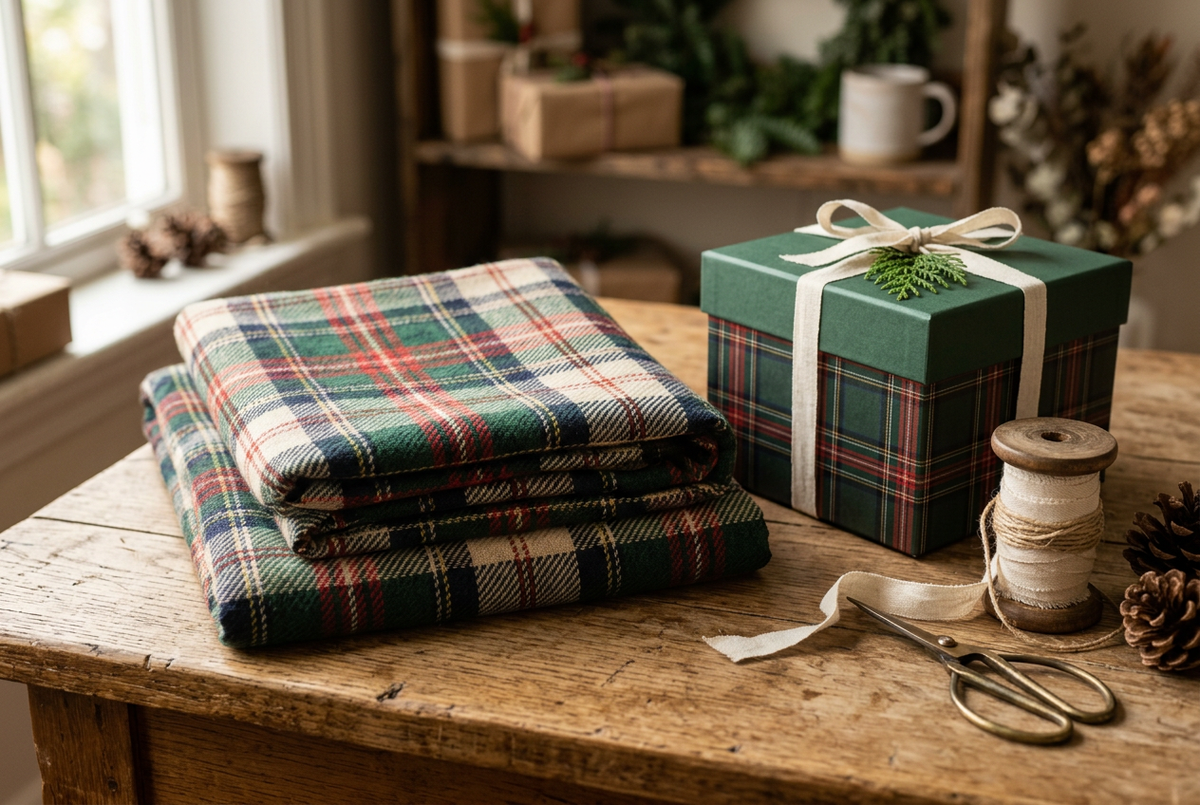 Illustrative tartan fabric beside a green plaid gift box and ivory ribbon on a wooden table.