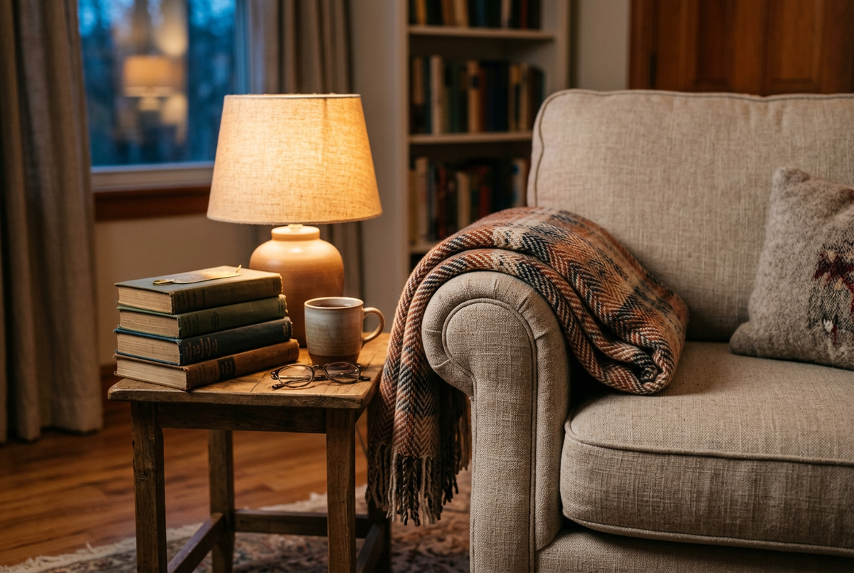 Folded throw blanket draped over a reading chair beside books and a lamp in a cozy evening reading corner