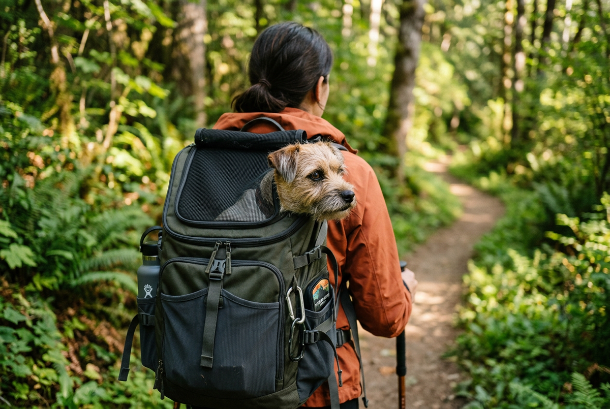 Small dog peeking out of a backpack pet carrier while hiking on a forest trail
