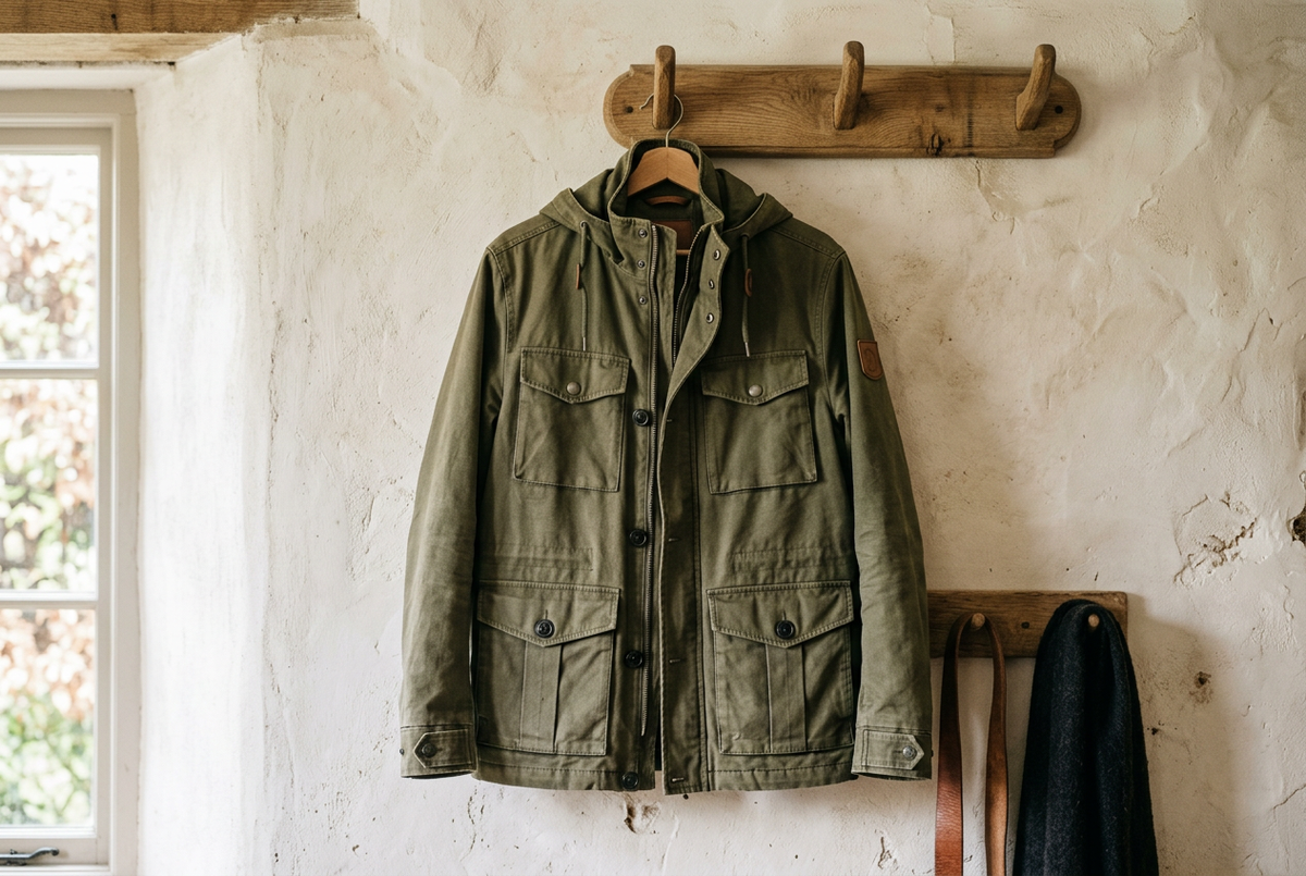 Olive green utility jacket with multiple pockets hanging on a wooden wall hook against a rustic wall