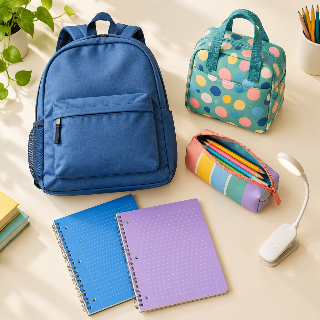 Back-to-school backpacks, notebooks, pencil case, lunch tote, and reading lamp
