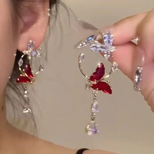 Red Butterfly Long Statement Earrings
