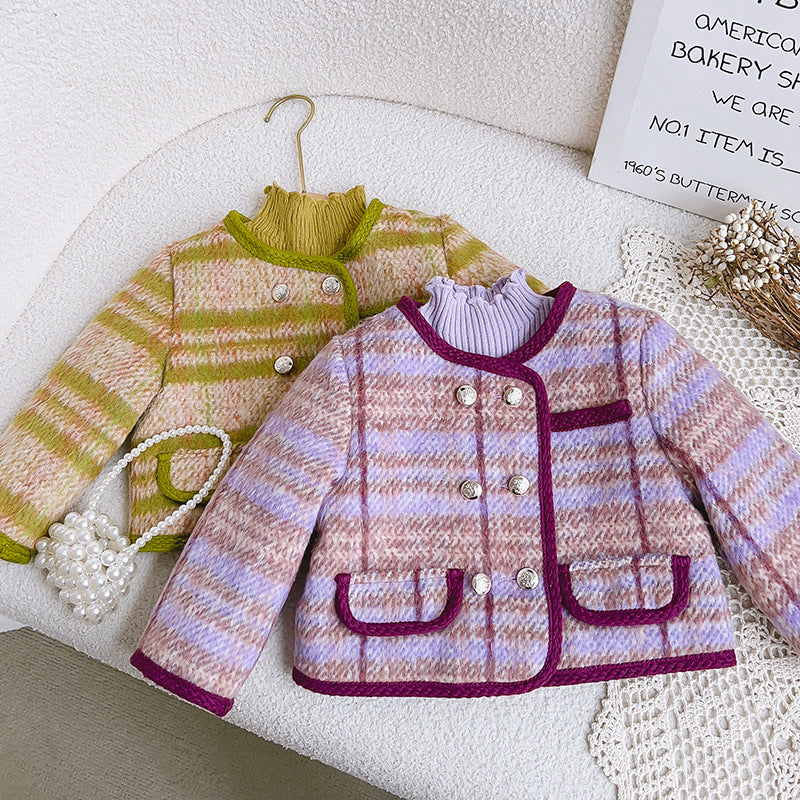 Girls' Double-Breasted Coat – Green or Purple Winter Style
