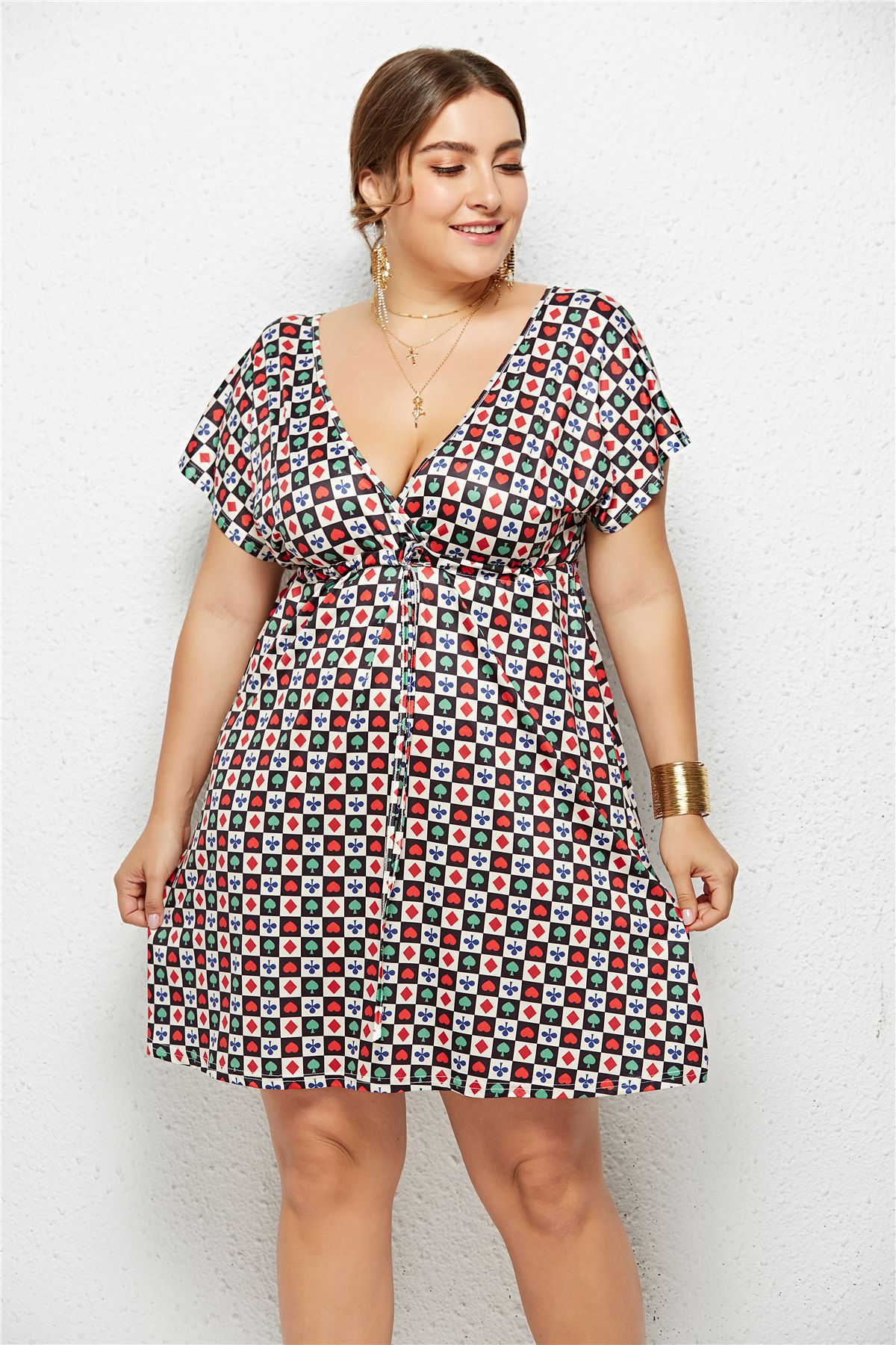 Printed V-Neck Dress with Elastic Waist and Short Sleeves