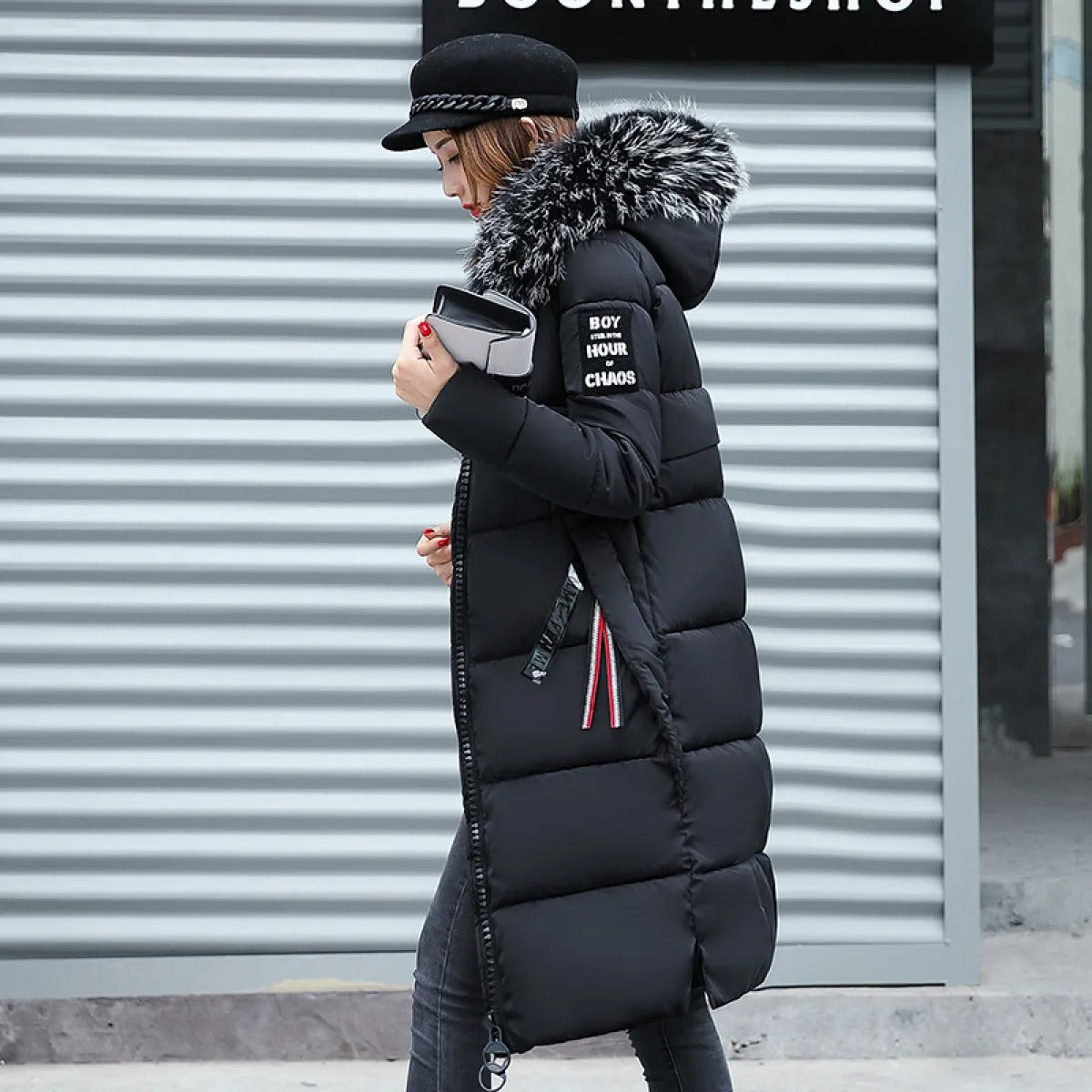 Plush Collar Padded Coat – Slim-Fit Polyester Outerwear