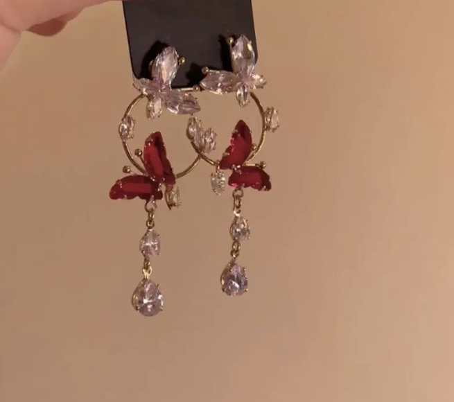 Red Butterfly Long Statement Earrings
