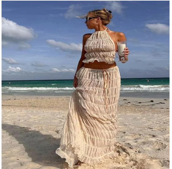 Boho Halter Dress Set – Pleated Two-Piece Sleeveless Style