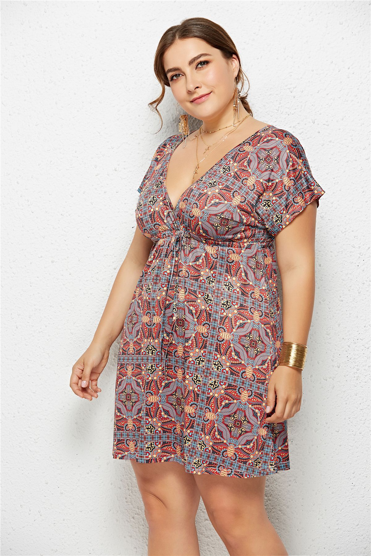 Printed V-Neck Dress with Elastic Waist and Short Sleeves