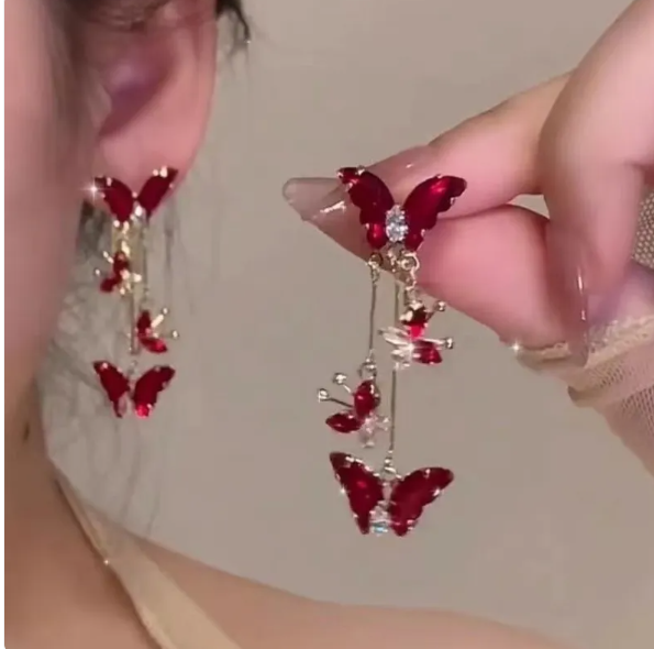 Red Butterfly Long Statement Earrings