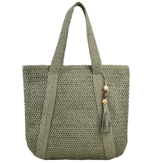 Women's Paper-Straw Shoulder Tote with Tassel Accent